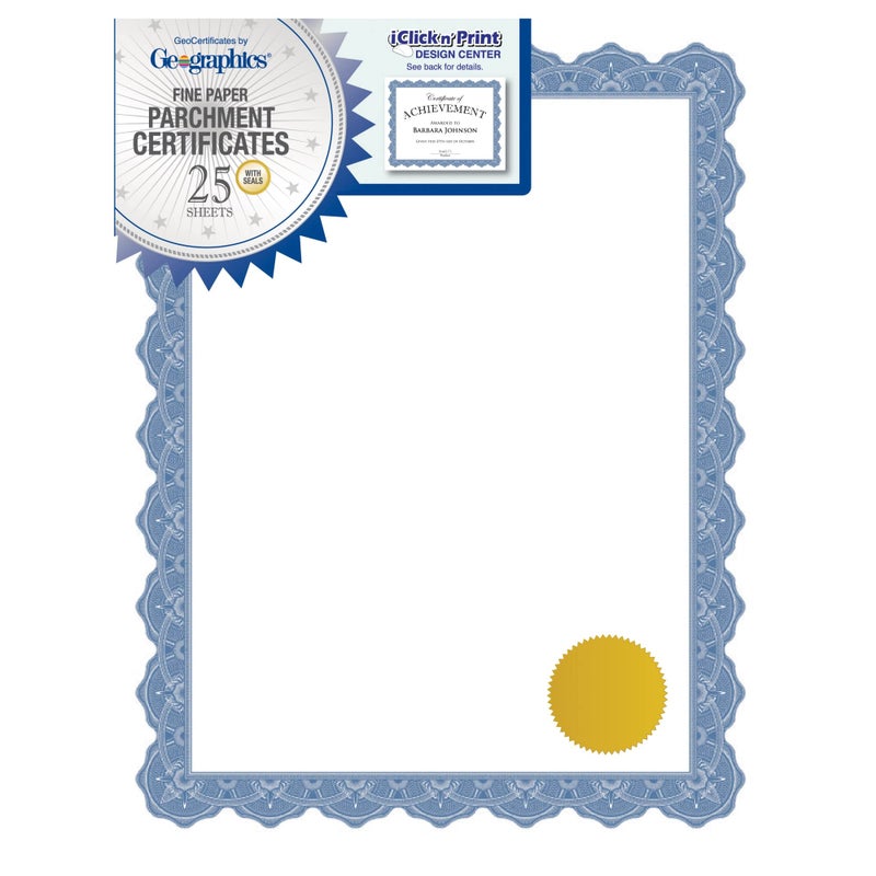 Geographics Optima Blue Blank Award Certificate Paper with Gold Foil Seals  8.5 x 11  Seal 1.75"" (Pack of 25) - Image 1